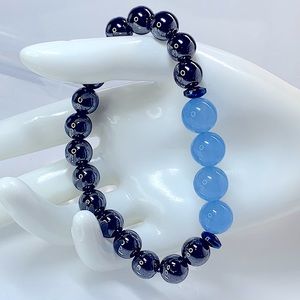 BLUE JADE + HEMATITE NATURAL BRACELET size 7.5”